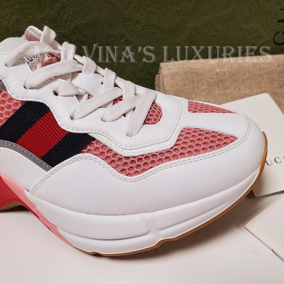 GUCCI SNEAKERS RHYTON WHITE PINK WEB DETAIL MESH SHOES sz 37 G 7 US - Picture 15 of 16